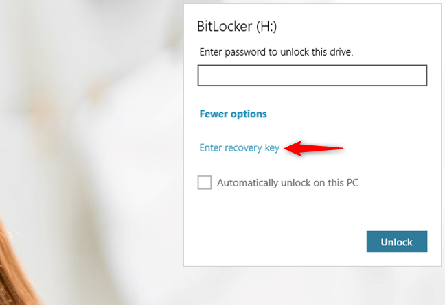 The Enter recovery key option from BitLocker's popup