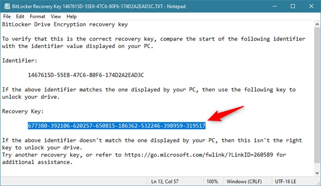 The BitLocker recovery key saved in a file