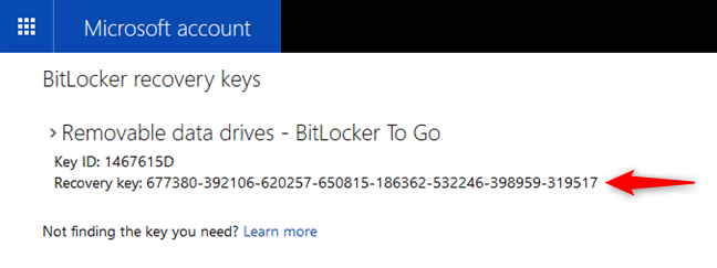The list of BitLocker recovery keys stored in a Microsoft account