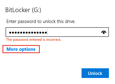 Click or tap More options to unlock your BitLocker drive
