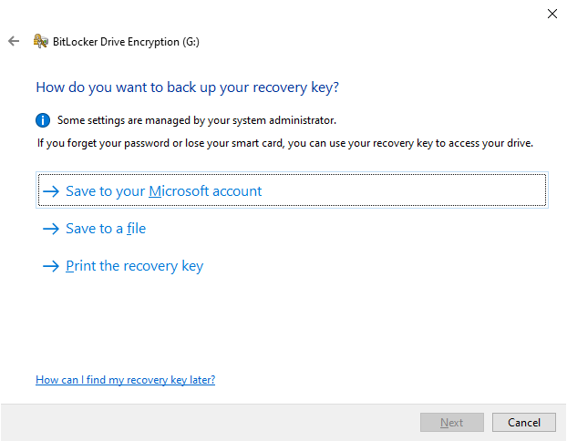 The options for saving your BitLocker recovery key