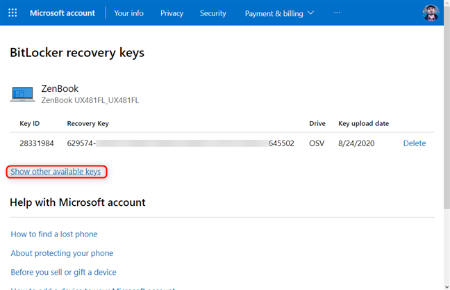 Accessing all BitLocker recovery keys from your Microsoft account
