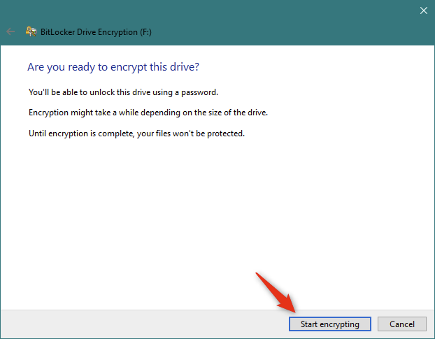 Starting the encryption of the removable USB drive