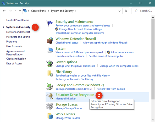 BitLocker Drive Encryption in Control Panel