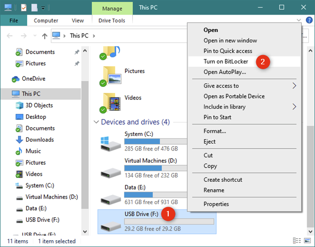 Turn on BitLocker on the right-click menu from File Explorer