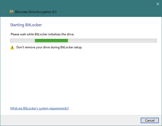 The BitLocker Drive Encryption wizard initializes the USB drive