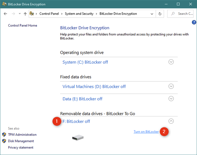 Turn on BitLocker in Control Panel