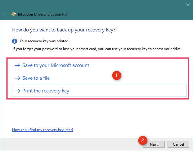 Options for backing up the recovery key for the BitLocker encrypted USB drive