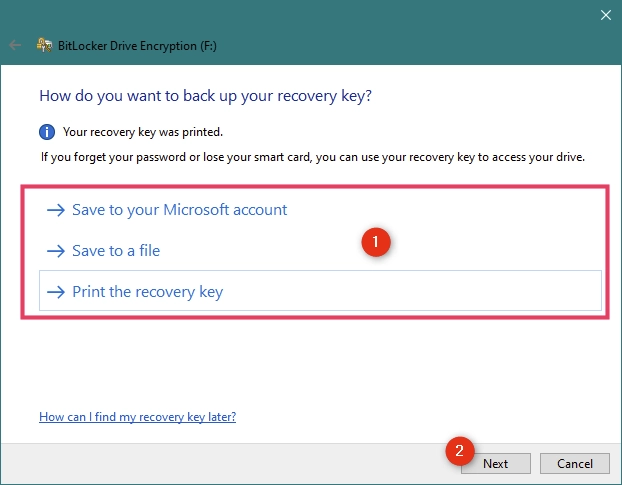 Options for backing up the recovery key for the BitLocker encrypted USB drive