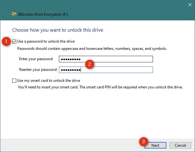 Choosing to use a password for unlocking the USB drive encrypted with BitLocker