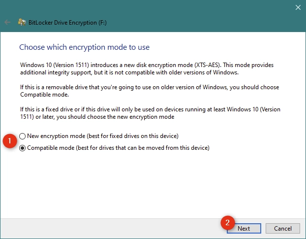 Choosing between BitLocker's new encryption mode and the compatible mode