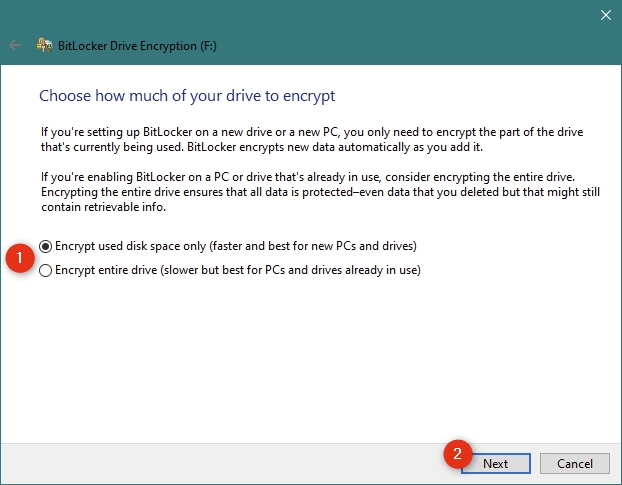 Choosing to encrypt used disk space only or the entire USB drive