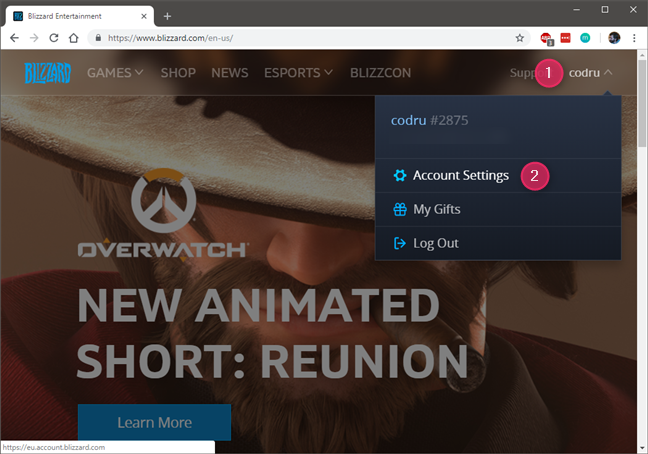The Account Settings link on the Blizzard account page