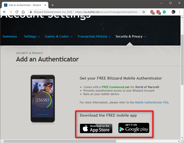 The links to the Blizzard Authenticator app