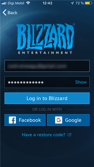 Connecting to a Blizzard account in Blizzard Authenticator