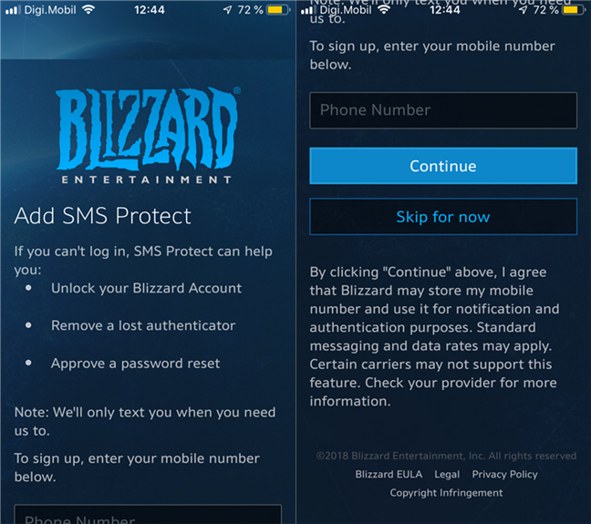 Blizzard Authenticator asking the user to enable SMS Protect