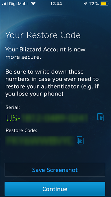 Serial number and restore code shown by the Blizzard Authenticator app