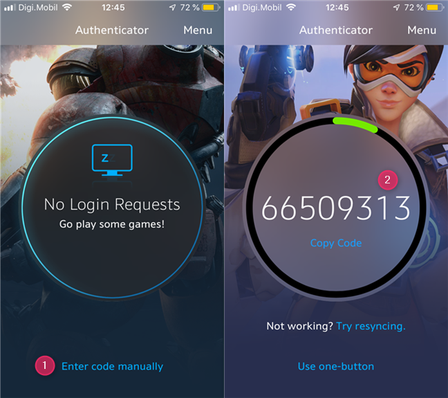 The 2FA security codes shown by Blizzard Authenticator app