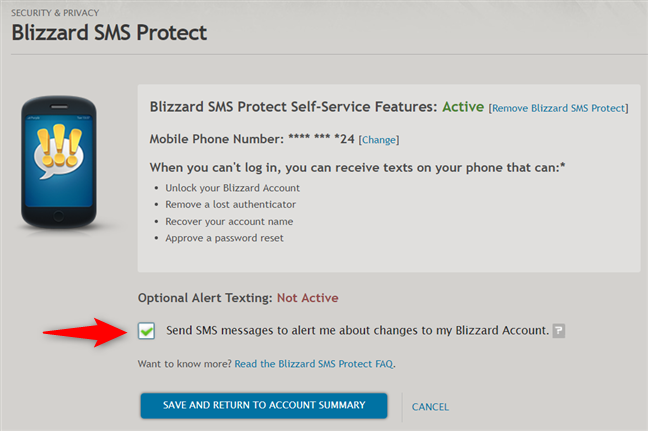 Choosing to get additional security notifications via SMS