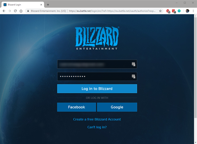 The login page on the Battle.net website