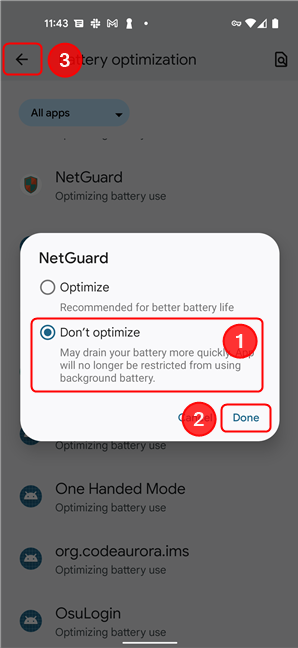 Disable battery optimization for NetGuard