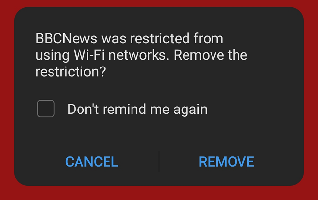 An Android app is restricted from using Wi-Fi networks