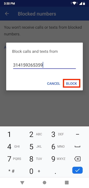 Type in the number to block