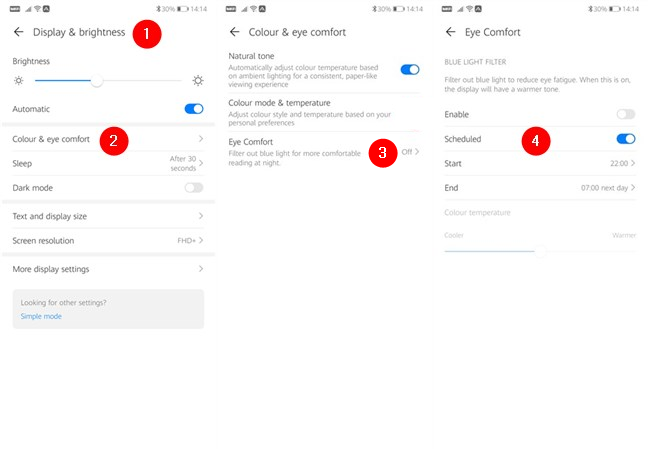 Built-in blue light filter options found on a Huawei Android smartphone