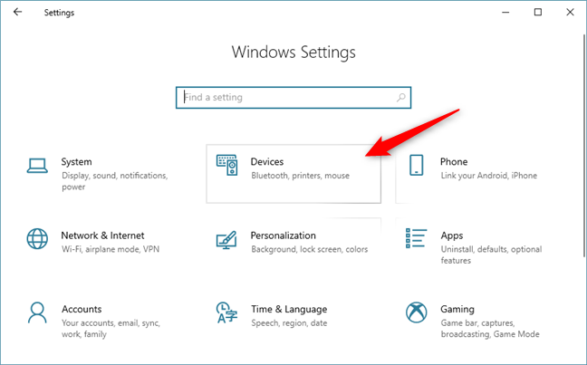 The Devices category from the Windows 10 Settings