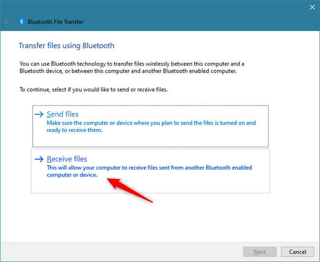 Choosing to Receive files over Bluetooth