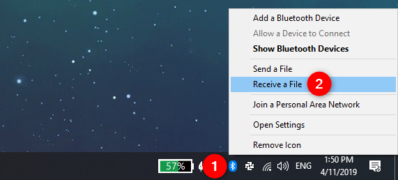 The Receive a File option from the Bluetooth right-click menu