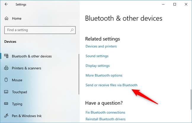 The Send or receive files via Bluetooth link from Windows 10