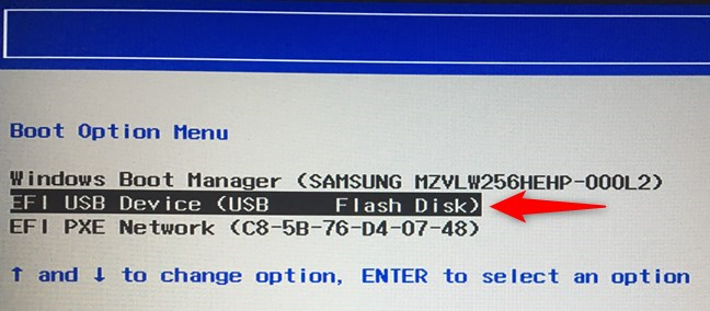 Selecting to boot from a USB flash drive, in the Boot Menu