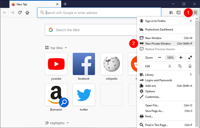 Open a private window in Mozilla Firefox