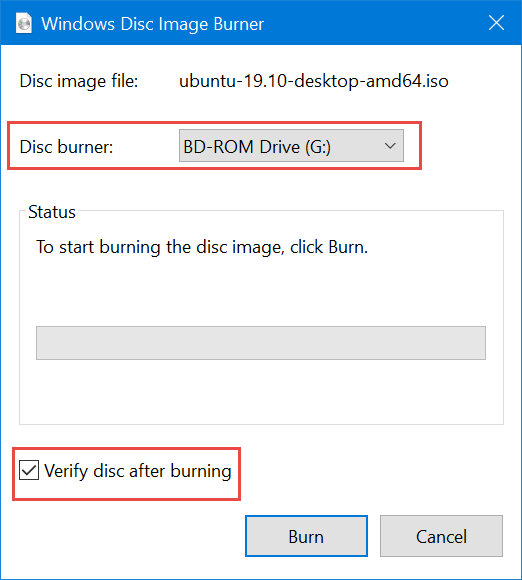 Choosing the disc burner and whether to verify the disc after burning