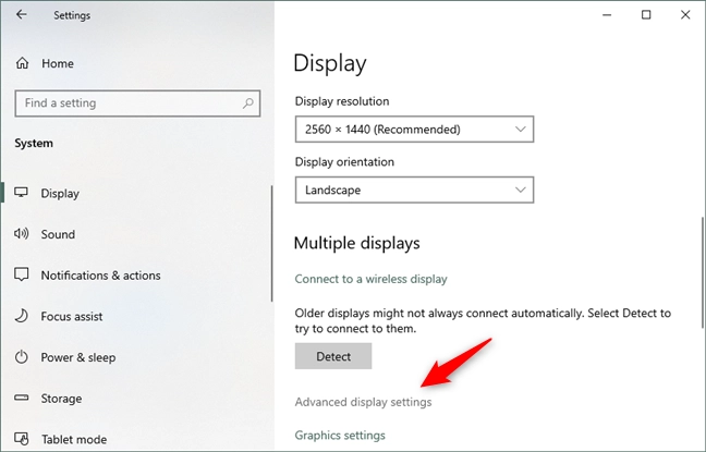 The Advanced display settings link from the Display settings