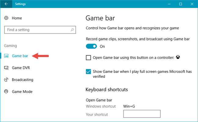 Windows 10, Game bar, shortcuts