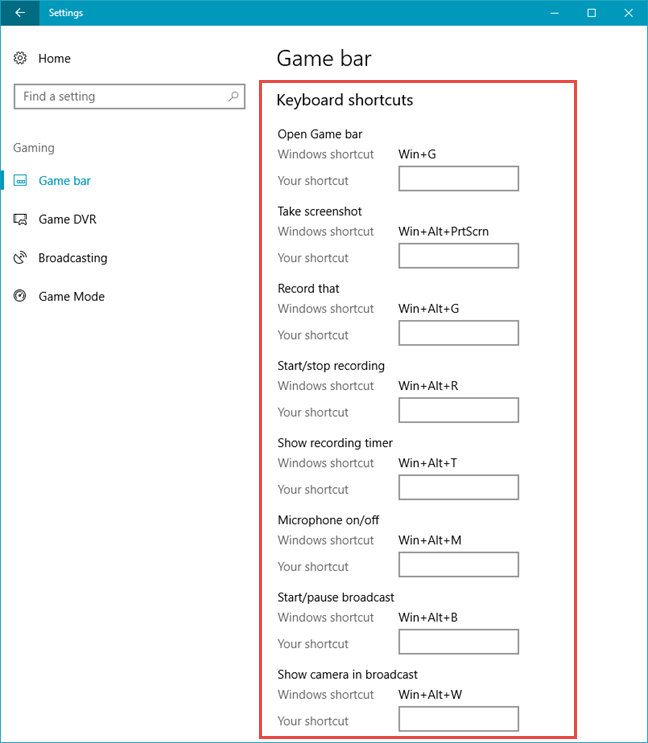 Windows 10, Game bar, shortcuts