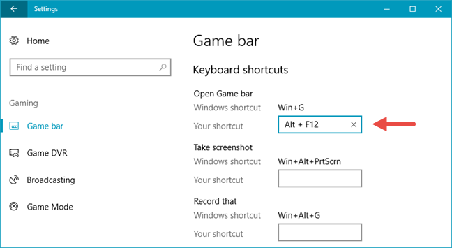 Windows 10, Game bar, shortcuts