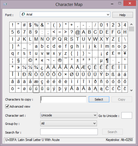 Character Map in Windows 7 and Windows 8