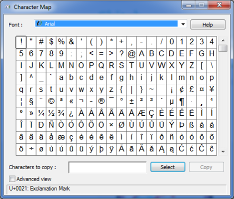 Character Map in Windows 7 and Windows 8