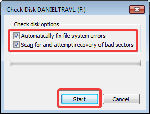 Start the Check Disk (chkdsk) tool in Windows 7