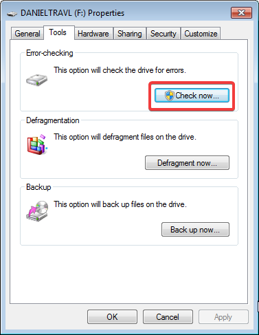 Select Check now on Error-checking for a disk in Windows 7