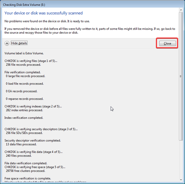 The details of the Check Disk (chkdsk) tool in Windows 7