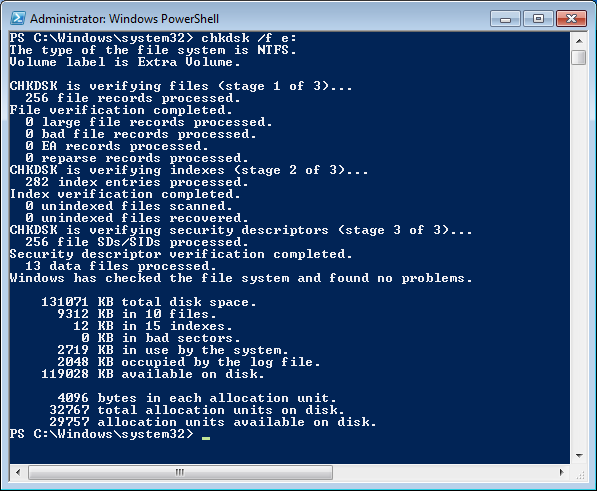 Check Disk (chkdsk) verifying a disk in PowerShell