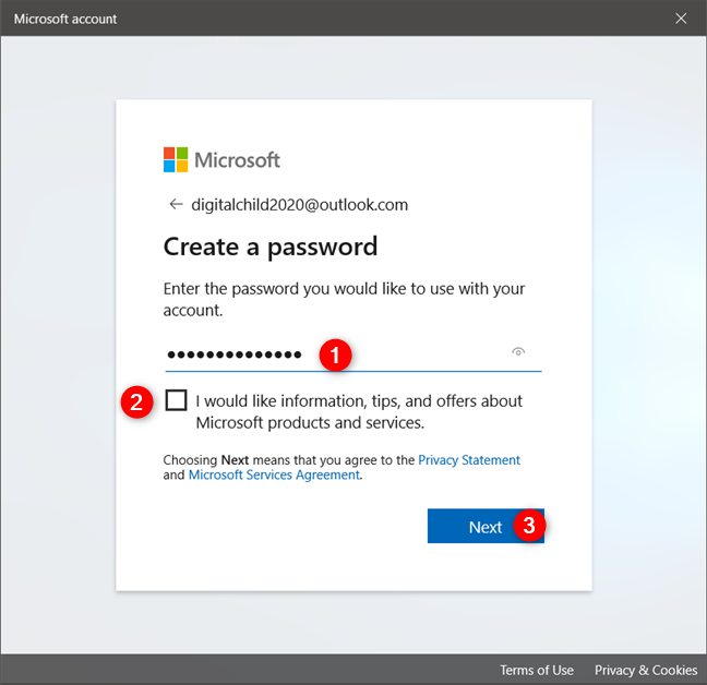 Creating a password for the child's account