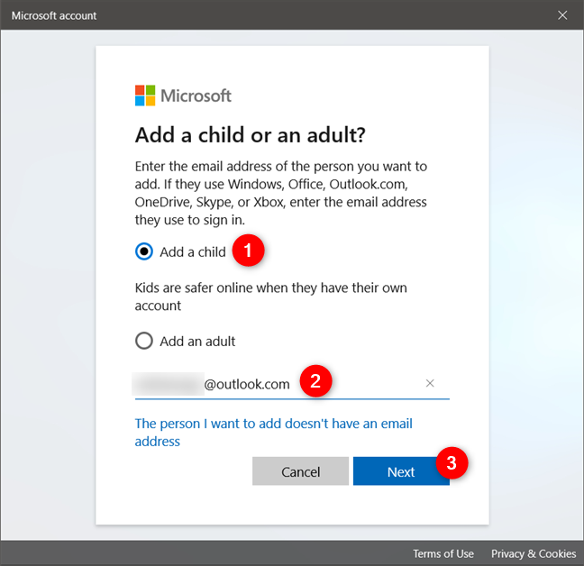 Add a child to the Windows 10 PC
