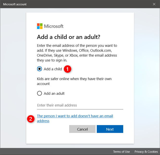 Choosing to create a child account when he or she doesn't have an email address