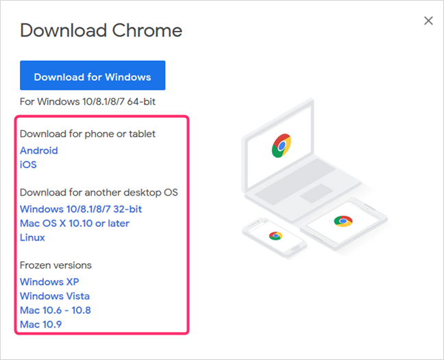 Google Chrome for other operating systems, desktop and mobile