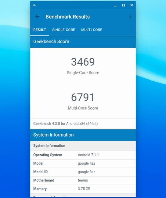 The scores obtained by ASUS Chromebox 3 in Geekbench 4